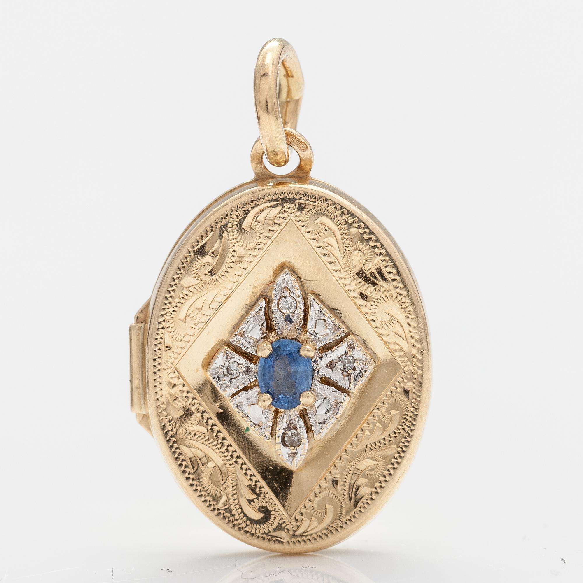 RIIPUS/MEDALJONKI, 14K kultaa, safiiri, timantteja n. 0.01 ct yht.