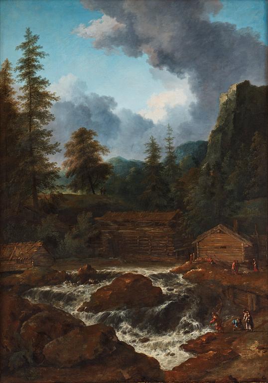 Allaert van Everdingen Attributed to, Landscape with figures beside a waterfall.