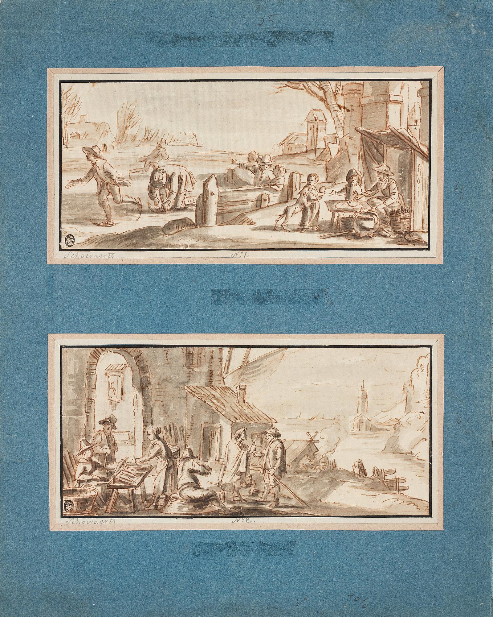 Mathys Schoevaerdts Circle of, Skaters near a Bakery and Townsfolk near a Fish Stall.