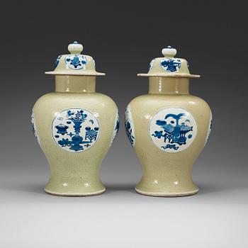 484. A set of two celadon glazed and blue and white jars, Qing dynasty, 18th Century.
