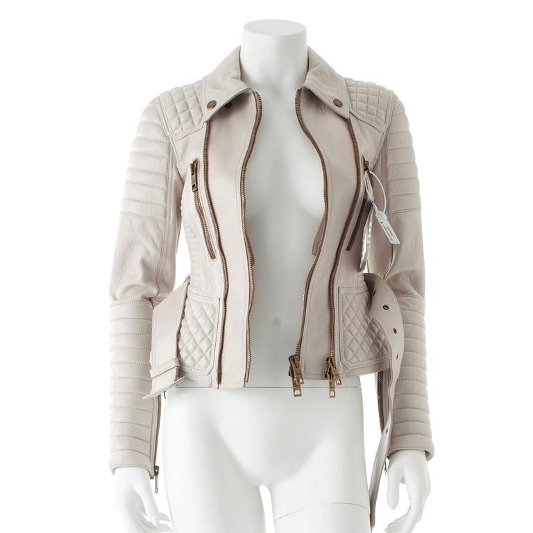 BURBERRY, a light grey leather jacket.