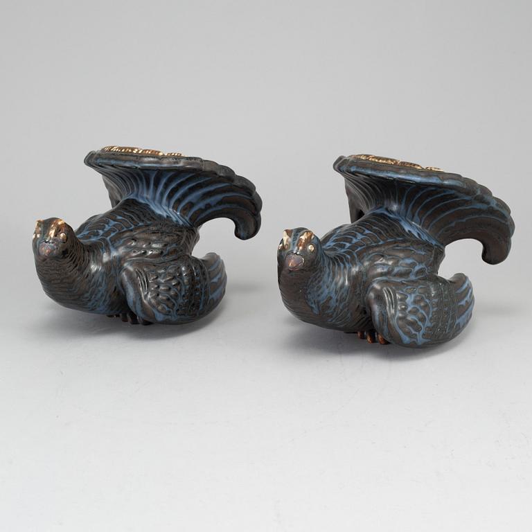 GUNNAR NYLUND, two stoneware sculptures of capercailles, Rörstrand, Sweden, mid 20th century.