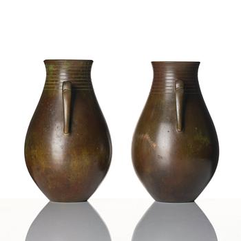 Guldsmedsaktiebolaget (GAB), a pair of Swedish Grace bronze vases, probably designed by Jacob Ängman.