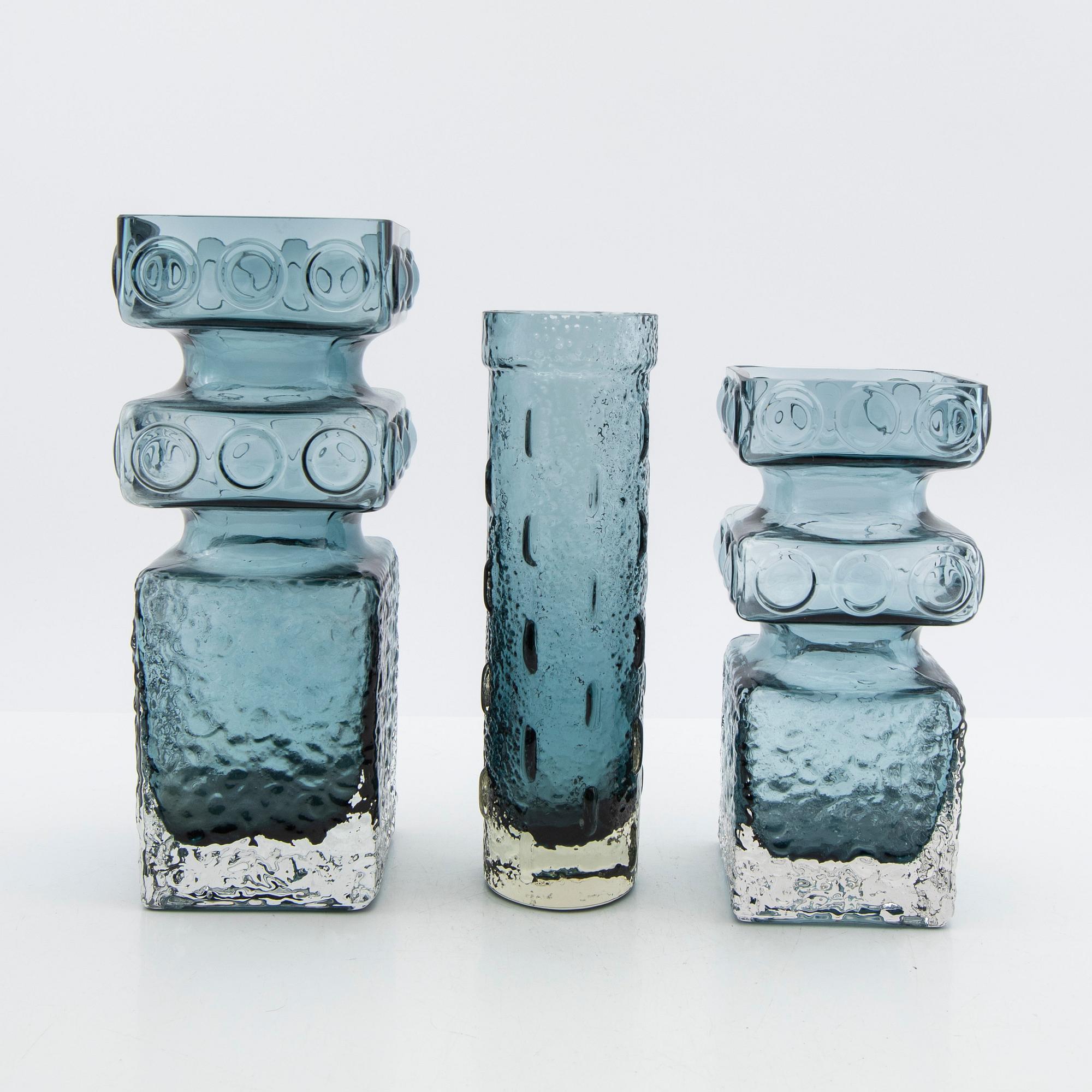 Tamara Aladin, vases, 3 pcs, glass, "Kehrä", Riihimäen Lasi, Finland, 1960s/70s.