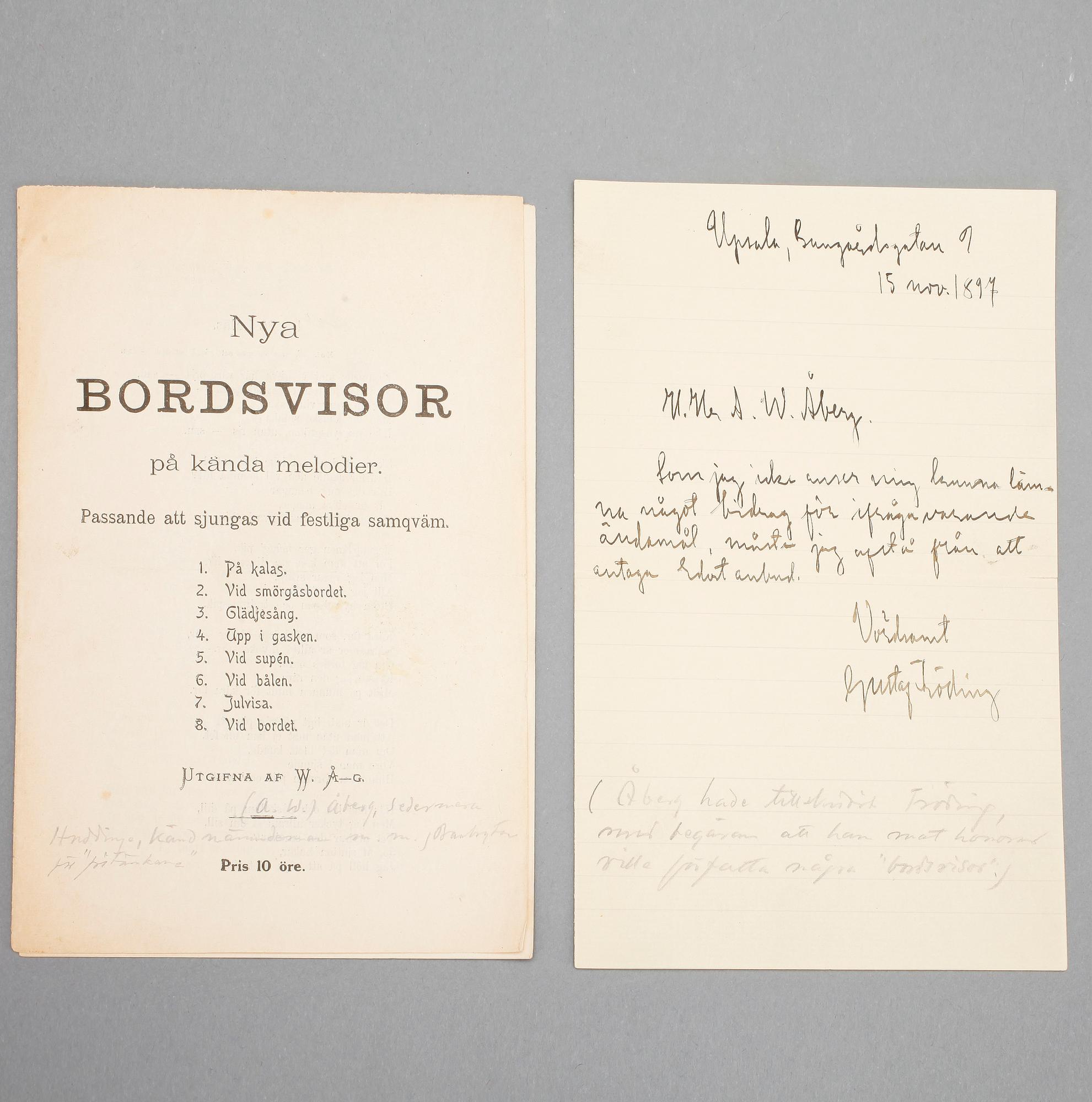 GUSTAF FRÖDING (1860-1911), egenhändigt brev, dat Uppsala 15 nov 1897.