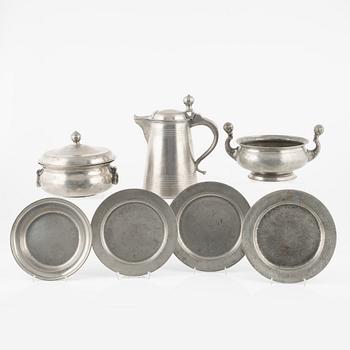 Seven provincial pewter items, Sweden, 19th century.