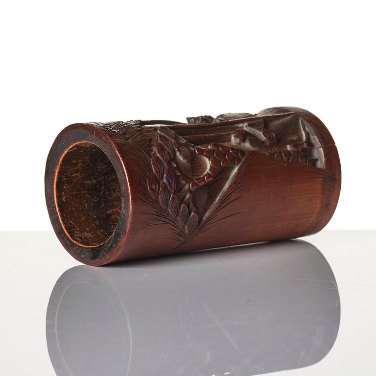 A Chinese brushpot, Qing dynasty, circa 1900. An archaistic bronze ewer and a silvered South East Asian bowl with stand.