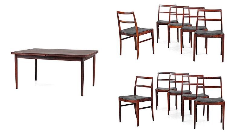 A Danish palisander dinner table with 10 chairs, black leather seats, 1960´s.