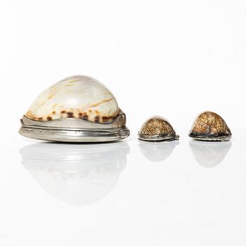 A set of three silver and seashell boxes, Sweden, 19th century.