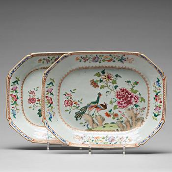 A pair of famille rose 'double peacock' serving dishes, Qing dynasty, Qianlong (1736-95).