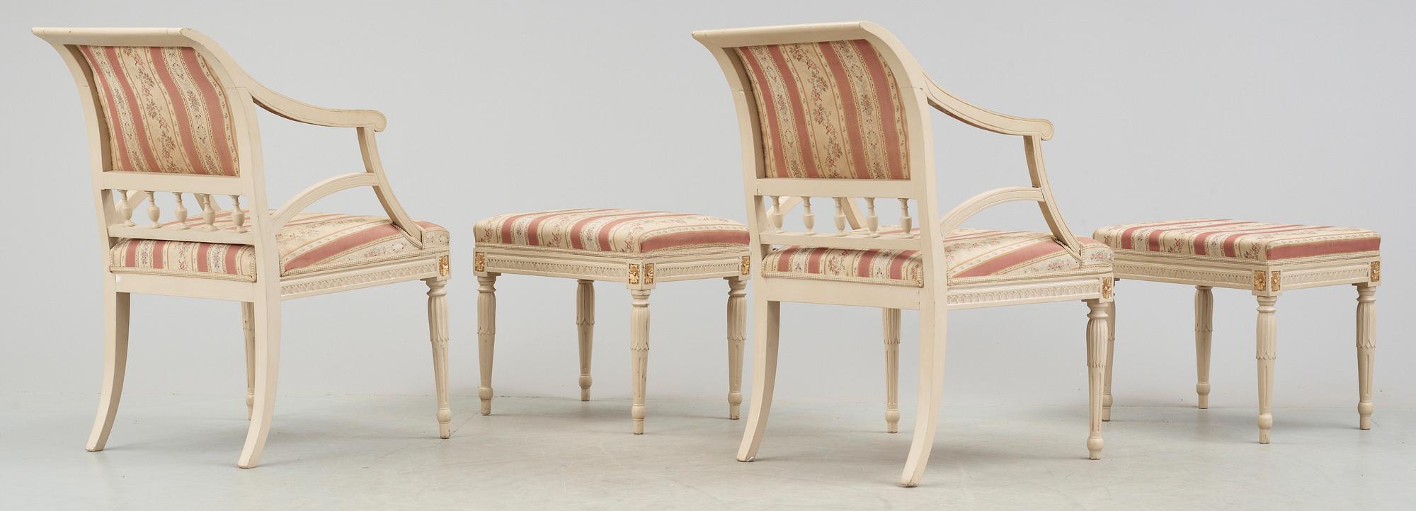 KARMSTOLAR SAMT FOTPALLAR, två par, Gustaviansk stil, omkring sekelskiftet 1900.