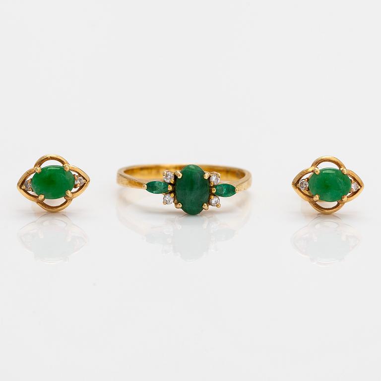 Earrings and ring, 18K gold with jadeite, emeralds, and small diamonds.