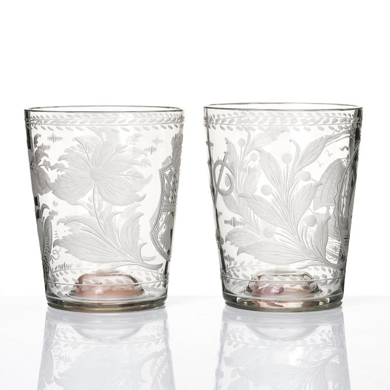 Two engraved Dutch glasses, late 18th Century.