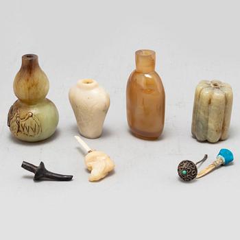 Nine Chinese glass and stone snuff bottles, 20th century.