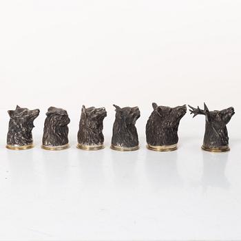 Six Russian parcel-gilt silver animal's head stirrup cups, including with mark of Nikols & Plinke, St. Petersburg.