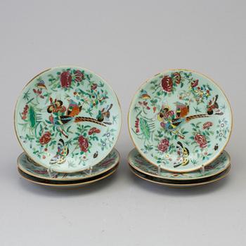 Six Chinese Canton famille rose celadon glazed dishes, Qing dynasty, late 19th century.