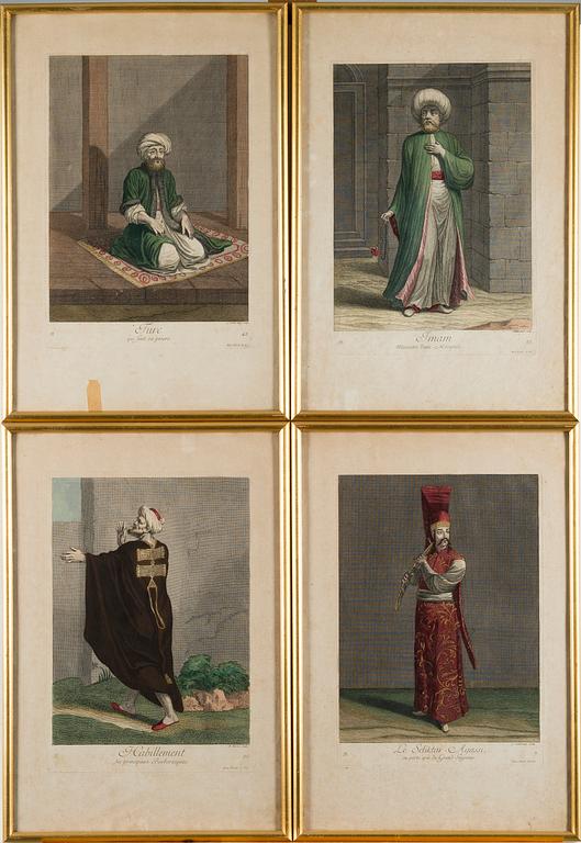 EIGHTEEN ENGRAVINGS, from Le Recueil Ferriol, ca 1714, hand coloured.