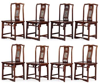 1485. A set of eight hardwood and stone inlayed chairs, late Qing dynasty (1644-1912).
