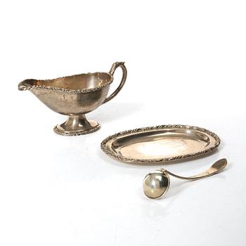 A silver sauceboat with tray and spoon, Anaya, Mexico, second half of the 20th Century.