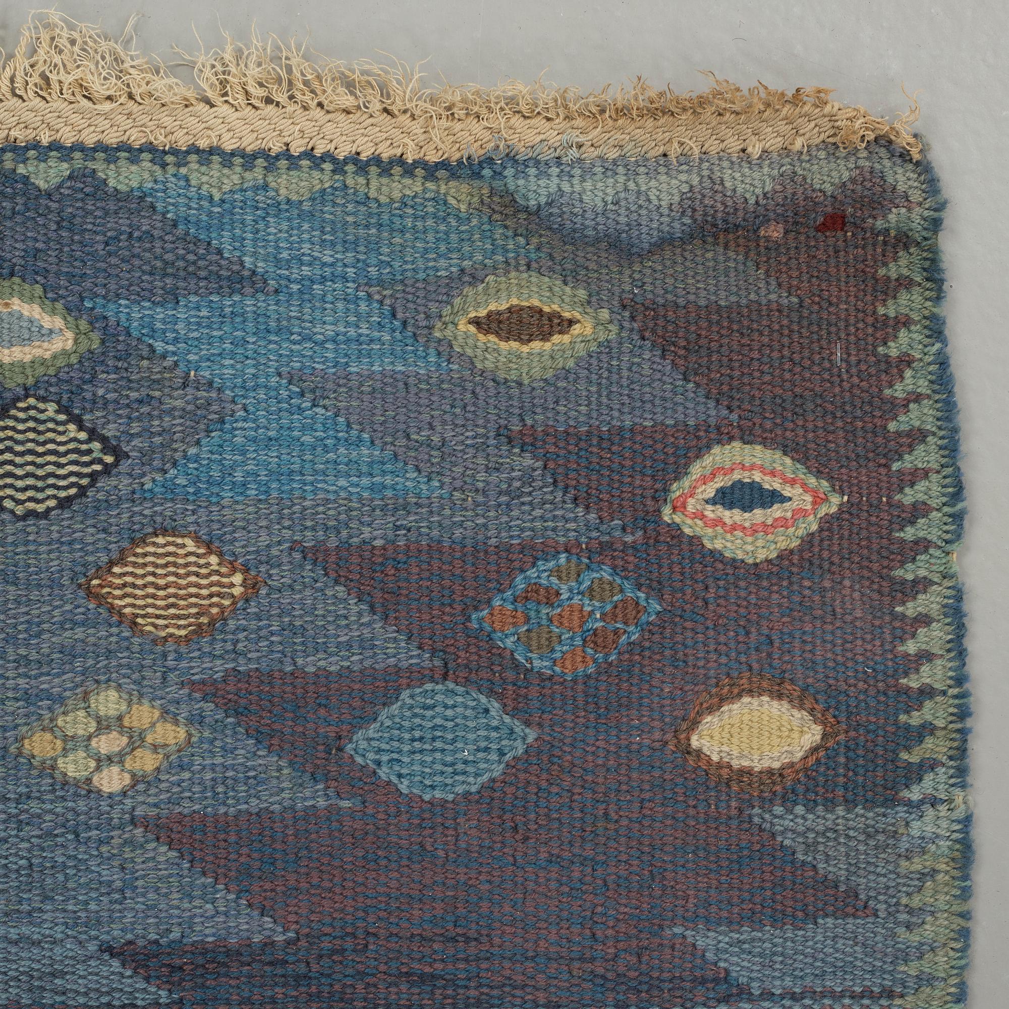 Barbro Nilsson, A CARPET, "Tånga blå, variant", flat weave, ca 259 x 206,5 cm, signed AB MMF BN.