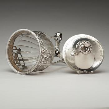 A German Art Nouveau silver plated and cut glass punch bowl, ca 1903.