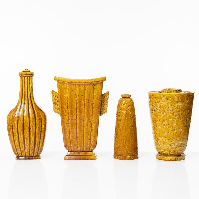 Gunnar Nylund, a set of three chamotte stoneware vases and a lamp base, Rörstrand 1930s-40s.