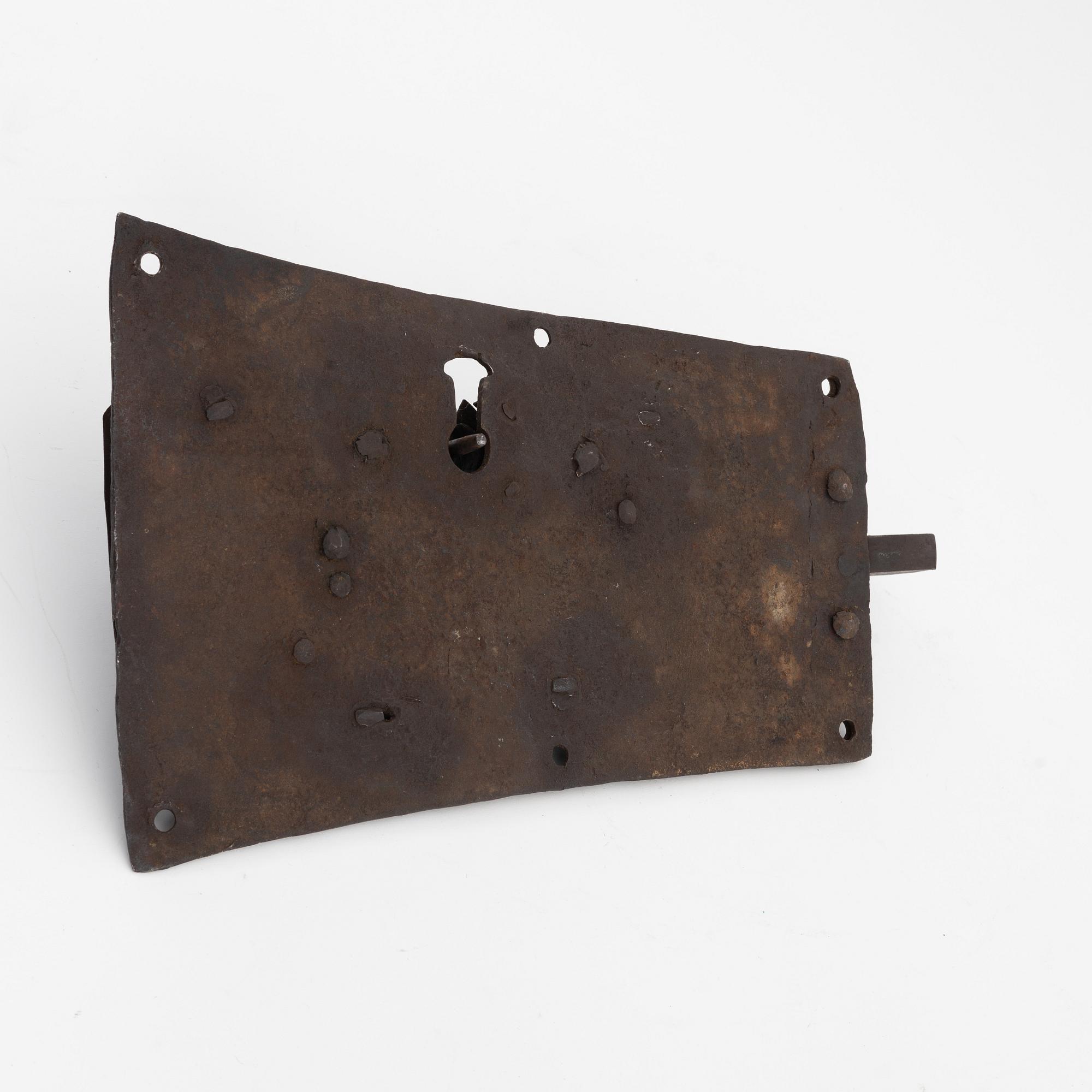 A large Sweidsh wrought iron lock, 18th Century, dated 1791.