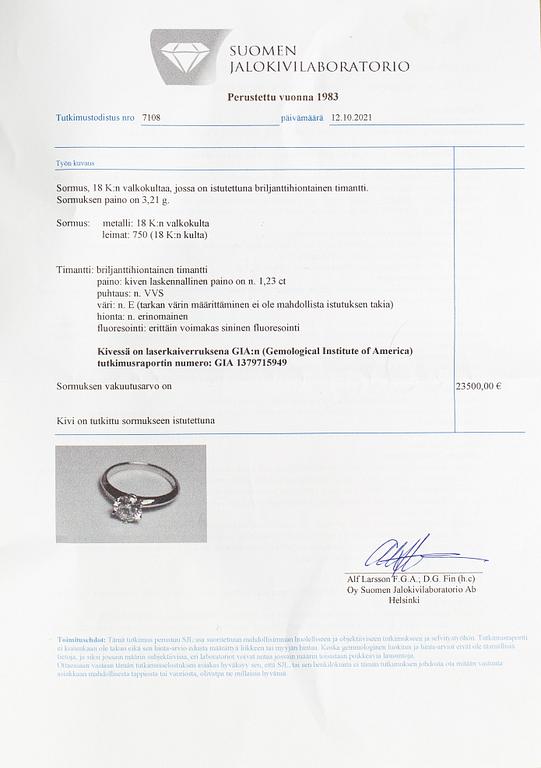 An 18K white gold ring with a ca 1.23 ct brilliant-cut diamond. With GIA certificate.