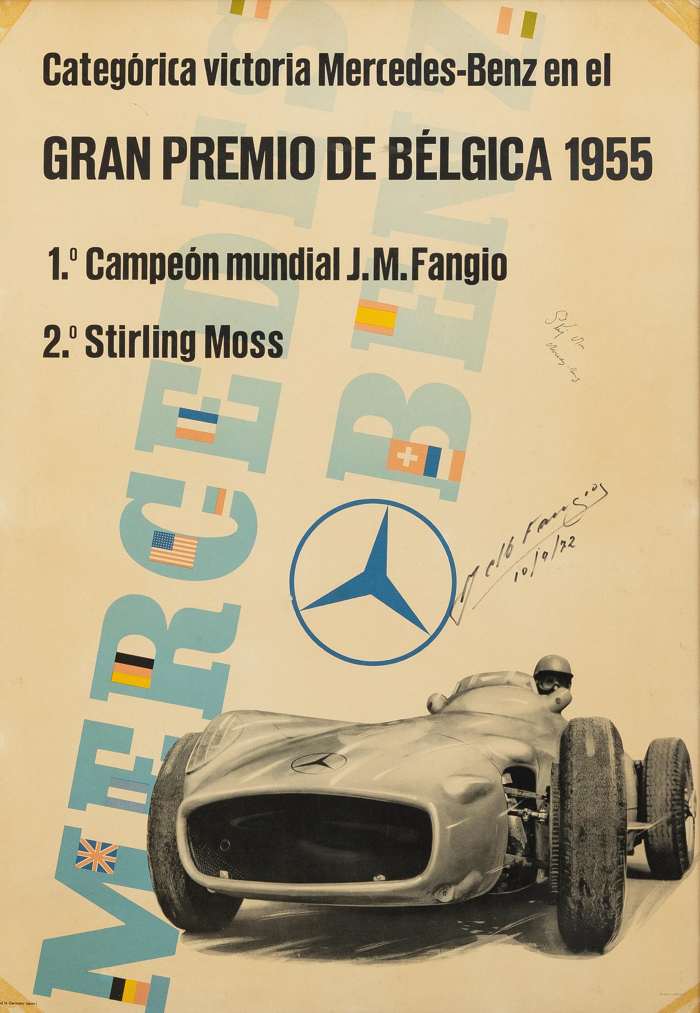 Affisch, Mercedes-Benz, 1955 signerad av Juan Manuel Fangio och Stirling Moss.
