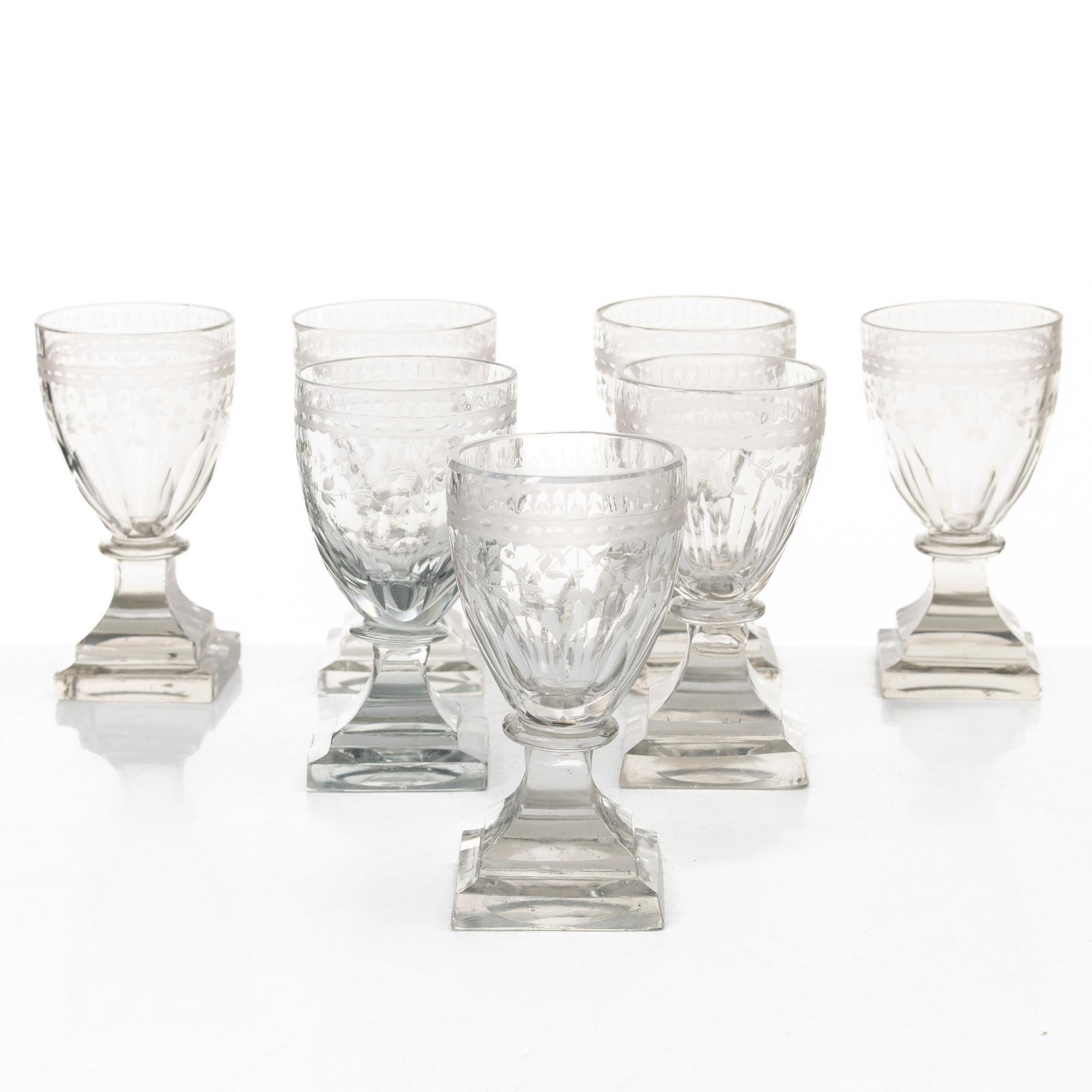 A set of seven Gustavian wine glasses, Sweden, late 18th century.
