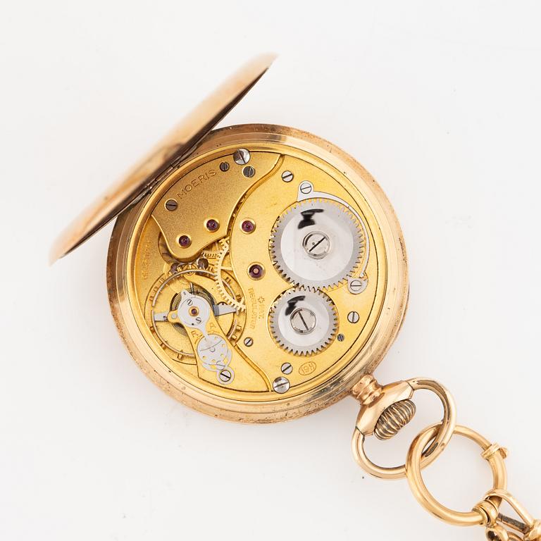 Moeris, pocket watch, 14K gold and chain in 18K gold.