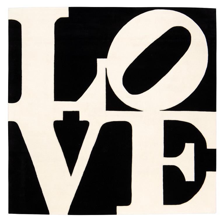 Robert Indiana, matto, "White on Black", Chosen Love, hand tufted in 1995, ca 243 x 247,5 cm.