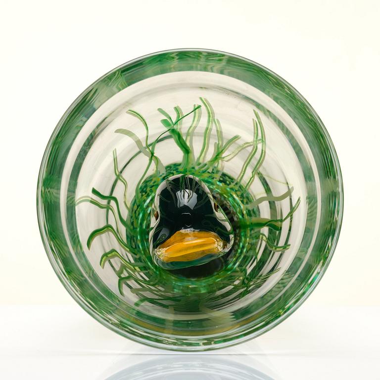 Ernst Billgren, "And i vas" (Duck in vase), a glass sculpture, ed. 29/30, Kosta Boda, Sweden.