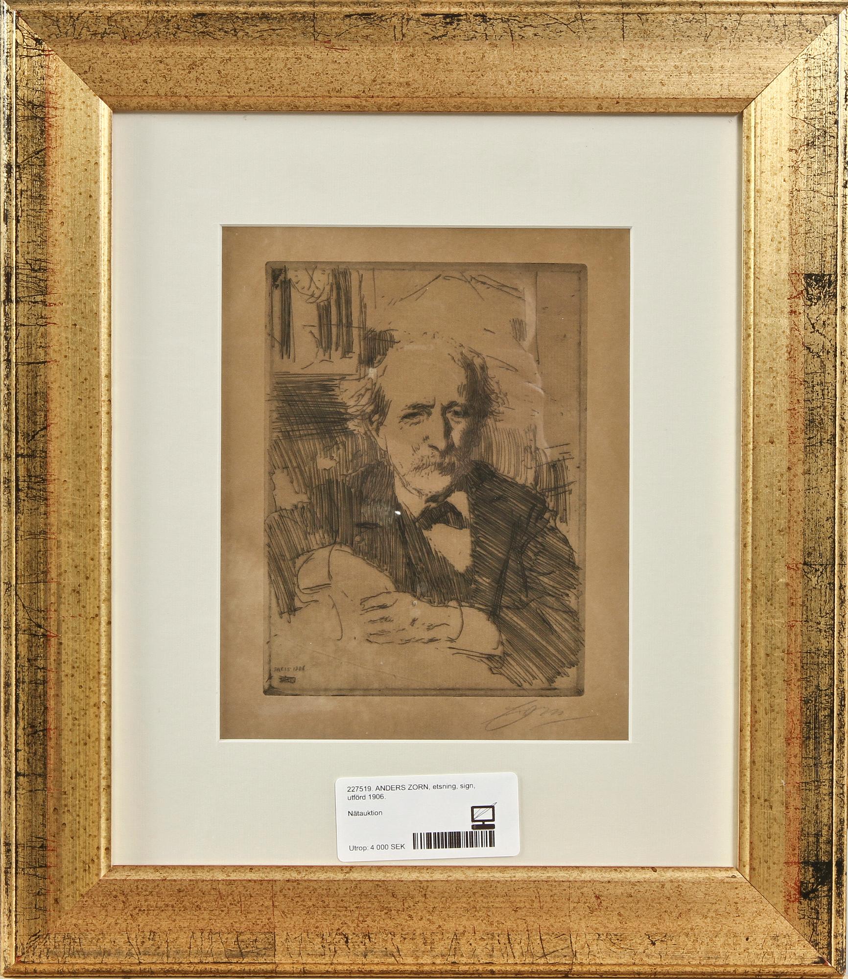 ANDERS ZORN, etsning, sign, utförd 1906.