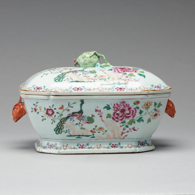 A famille rose 'double peacock' tureen with cover and stand, Qing dynasty, Qianlong (1736-1795).