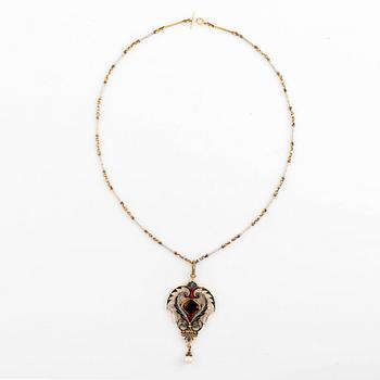 A C Giuliano 18K gold and enamel necklace set with a  faceted tourmaline and a pearl.