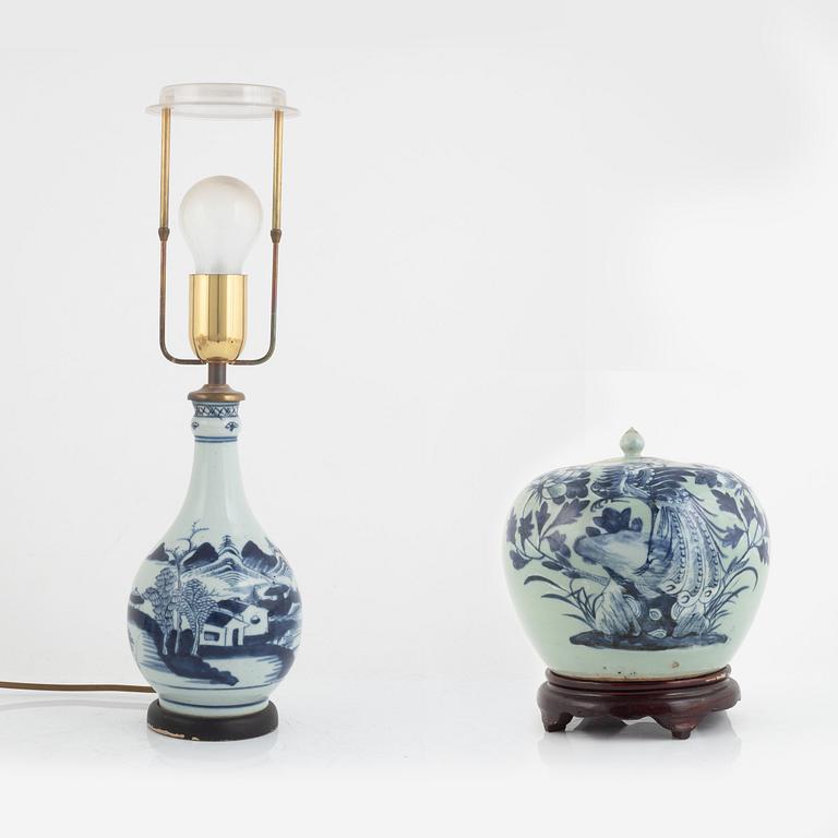 A porcelain urn with cover and a table lamp/vase, Qing Dynasty, China, 19th century.