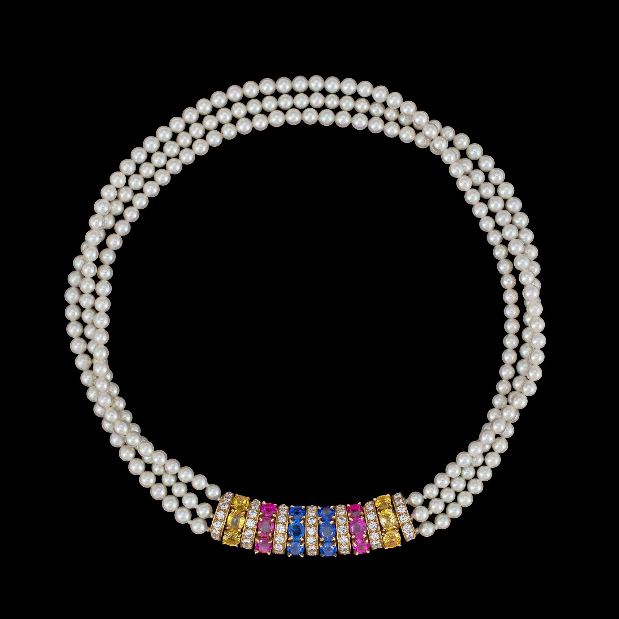 A Van Cleef & Arpels cultured pearl, sapphire and brilliant cut diamond necklace, tot. app. 3 cts.