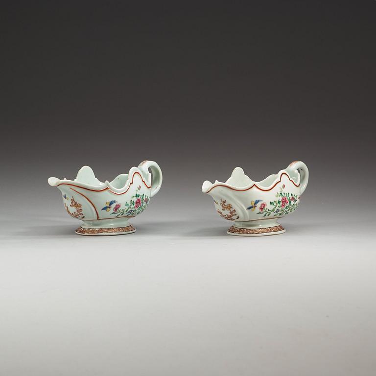 A pair of famille rose sauce boats, Qing dynasty, Qianlong (1736-95).