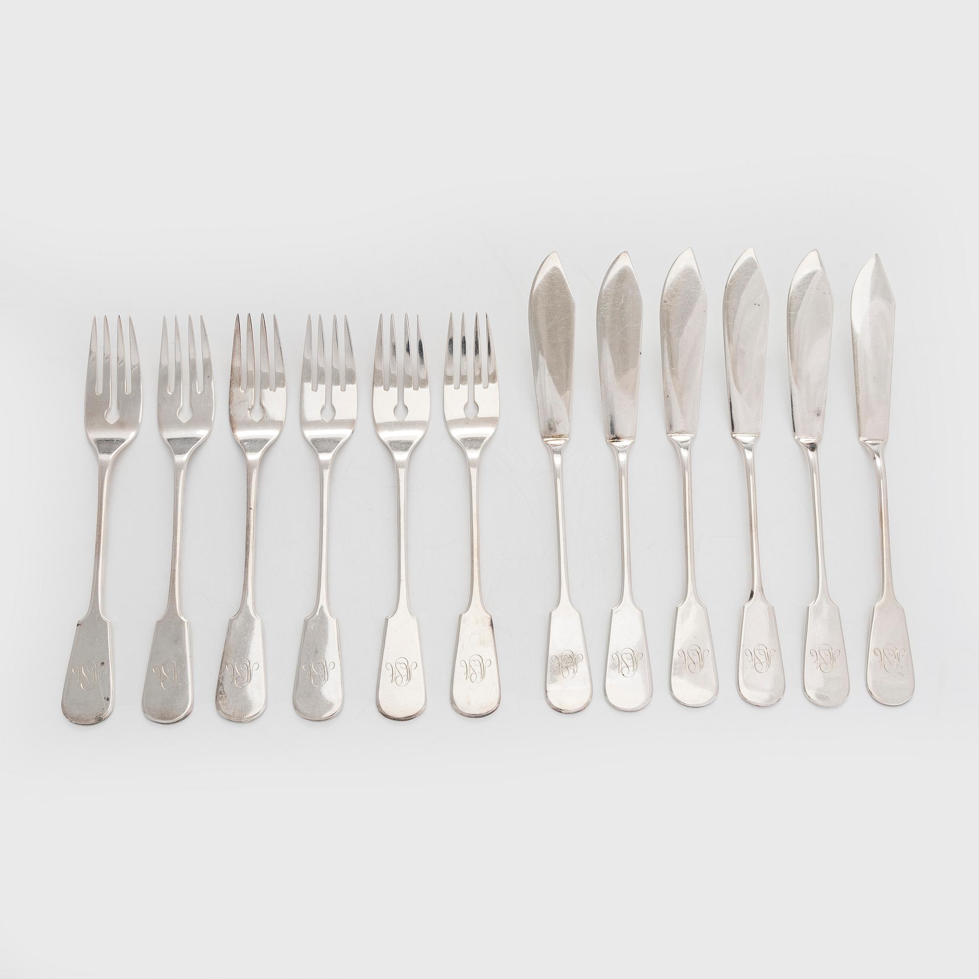Tillander, a set of 28 silver fish cutlery, Helsinki, 1974-83.