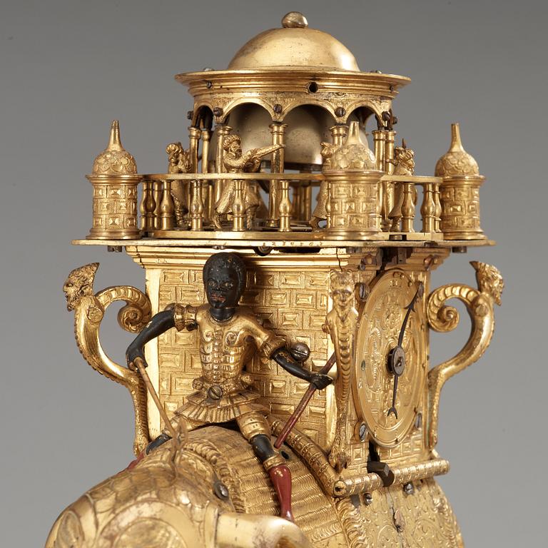 An important South German late 16th century gilt copper and bronze elephant automaton figure clock.