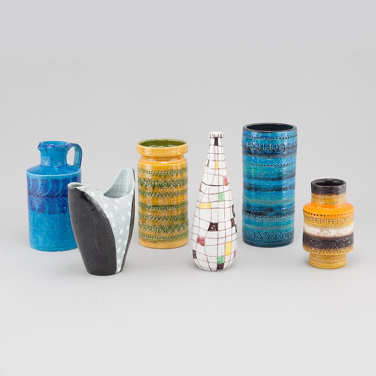 Six glazed ceramic vases, mainly by Bitossy, Italy, third quarter of the 20th century.