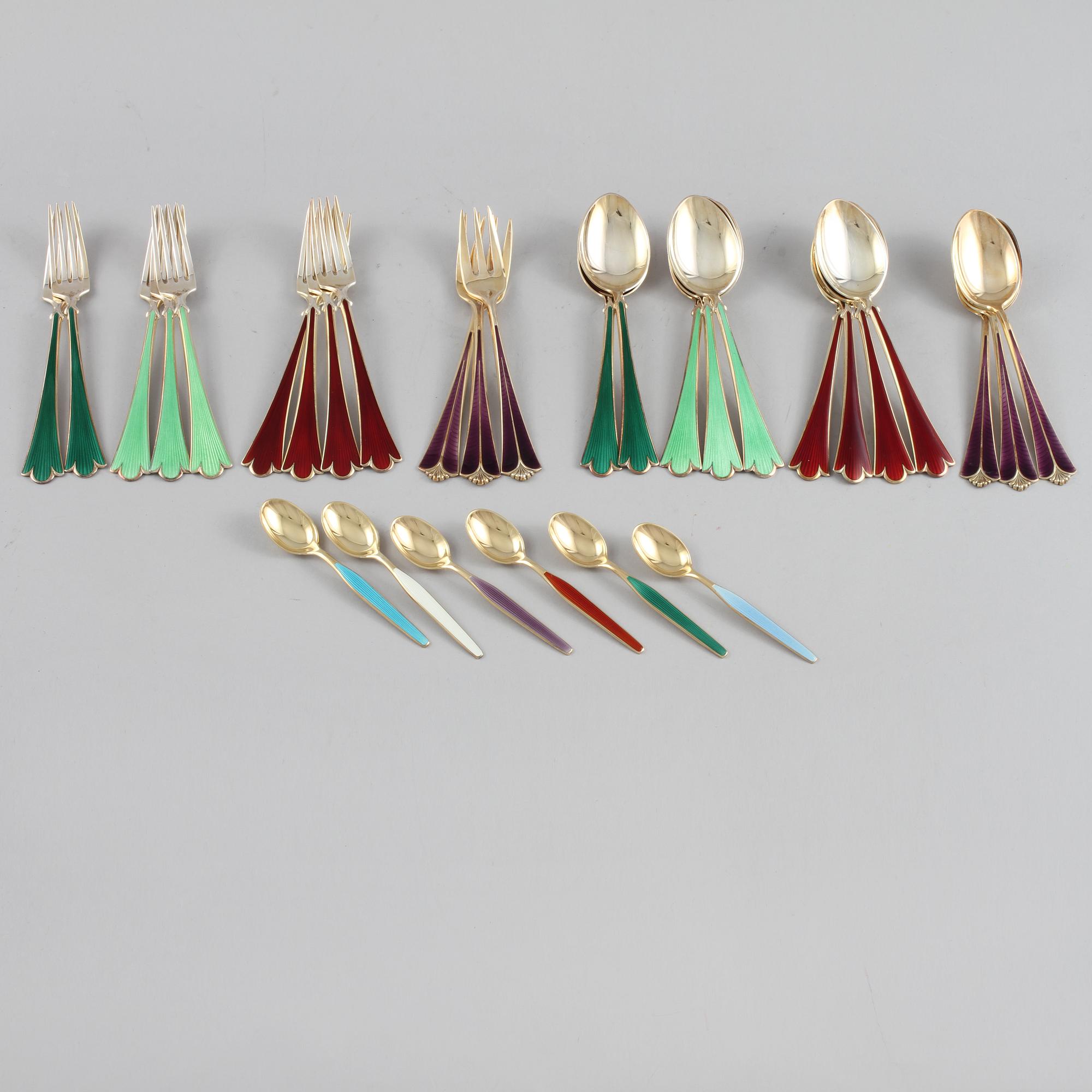 BESTICK, 24+6 st, emalj och sterlingsilver, Norge, vikt ca 670 g.