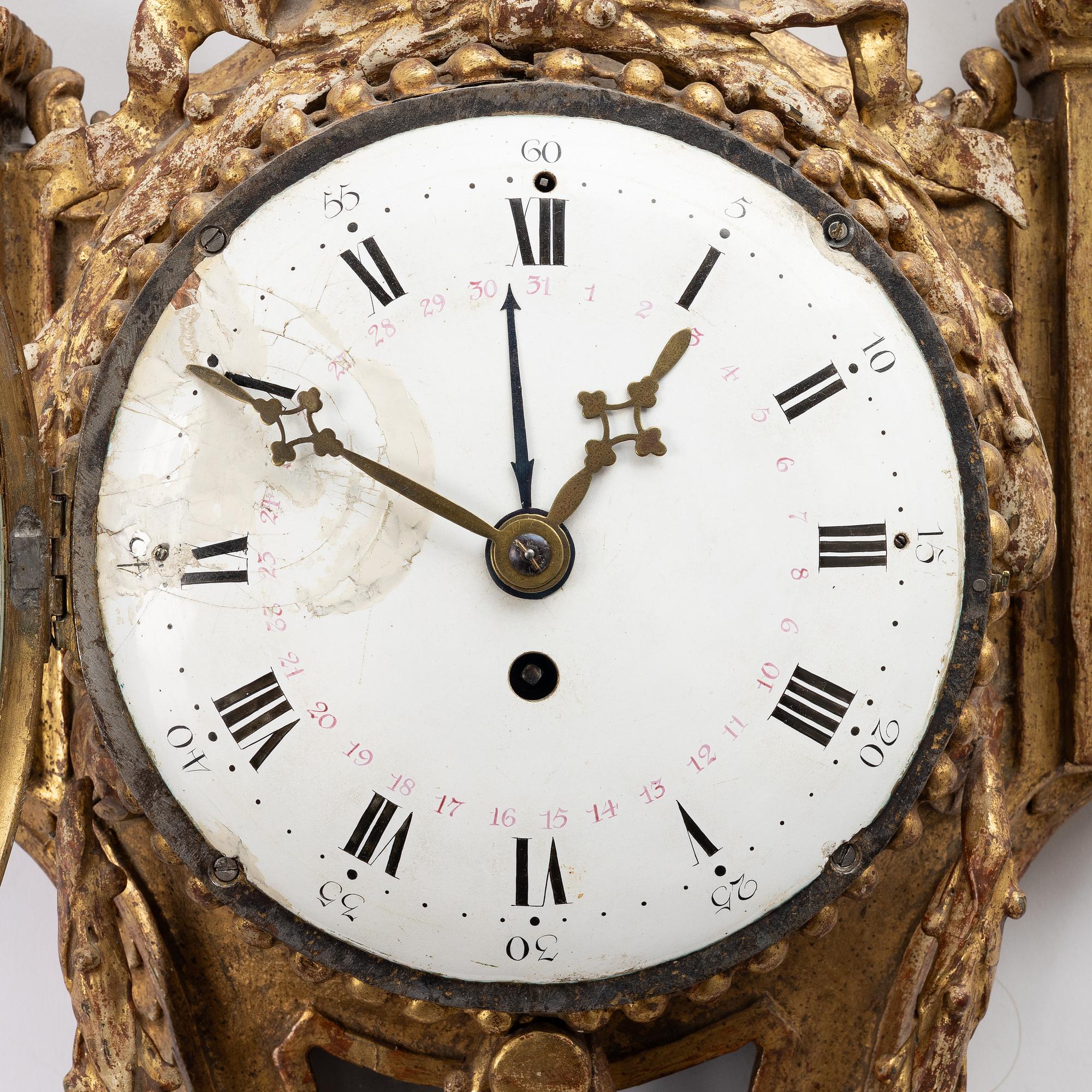 An Austrian Louis XVI giltwood cartel clock by J. Bentele (watchmaker in Salzburg ca 1780).