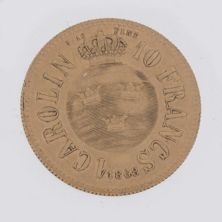 A Swedish 1 Carolin / 10 Francs in gold, with the Swedish and Norwegian King Karl XV, 1868.