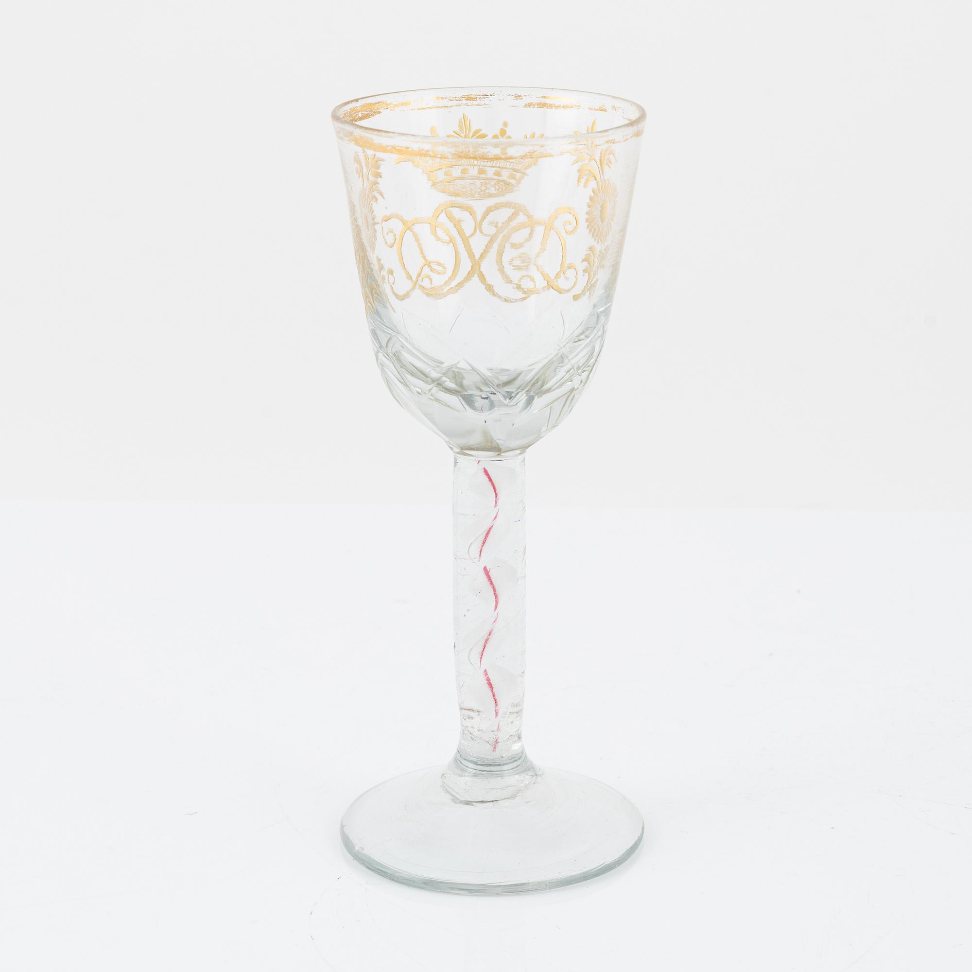 An engraved wine glass possibly from Göteborgs glasbruk, 18th century.