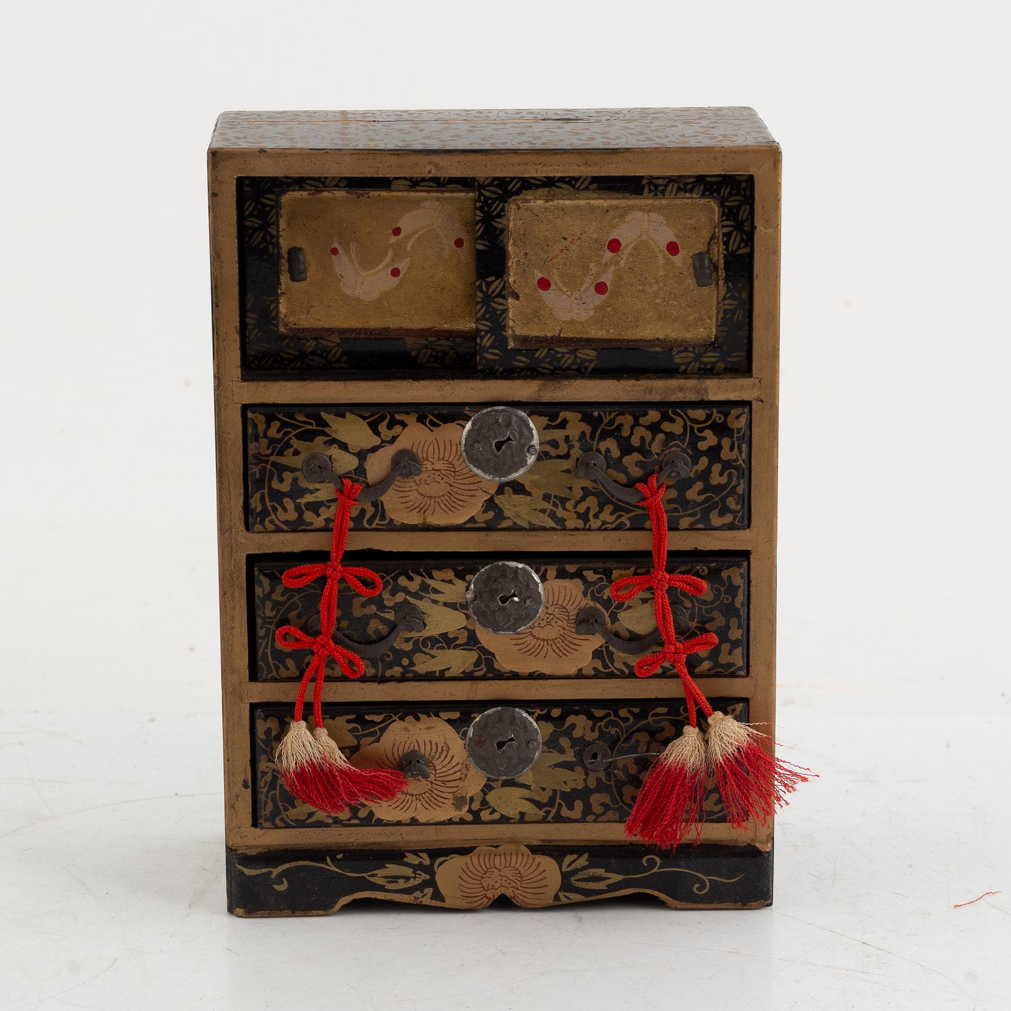 Doll, doll furniture, and table screen, Japan, wood, lacquer and paper, partly Showa, 20th century.