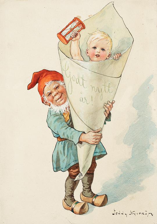Jenny Nyström, "Tomte håller stor strut med en gosse i" (Brownie holding a large cornet with a boy).
