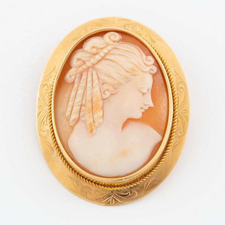 Brosch/hänge, 18K guld med snäckskalscamé.