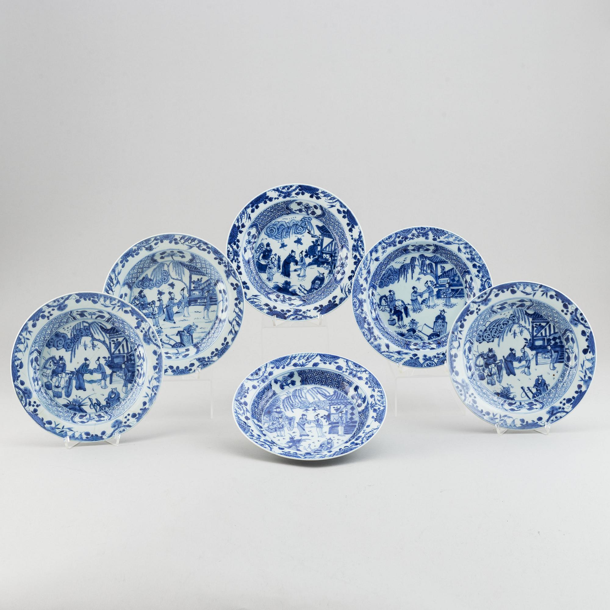 Six blue and white plates, Qing dynasty, 18th century.